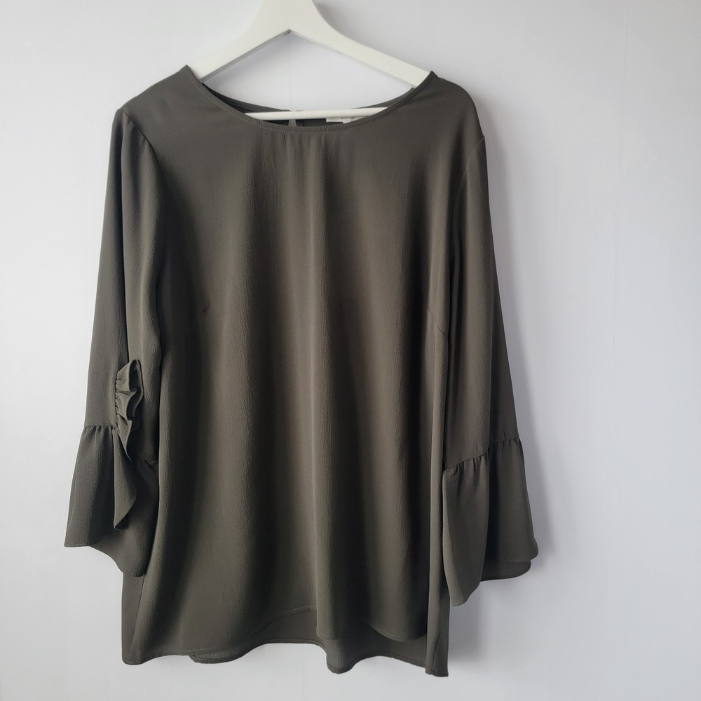 pleione women's ruffled bell sleeve top size xl olive green Work Career